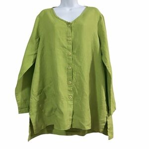 Flax Green Linen Tunic Top Size Small Button Down‎ Lagenlook Minimalist Oversize